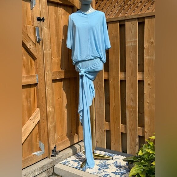 🆕 RAT & BOA 🧿 NWOT Freja Slinky Baby Blue Tie-Waist T-Shirt Mini Dress, Sz L - Picture 2 of 16